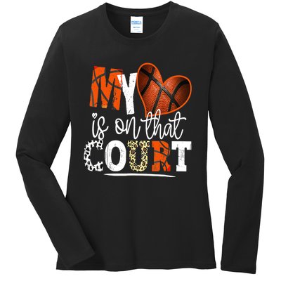 Leopard Basketball Mom My Heart Is On That Court Basketball Ladies Long Sleeve Shirt