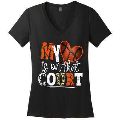 Leopard Basketball Mom My Heart Is On That Court Basketball Women's V-Neck T-Shirt