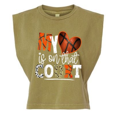 Leopard Basketball Mom My Heart Is On That Court Basketball Garment-Dyed Women's Muscle Tee