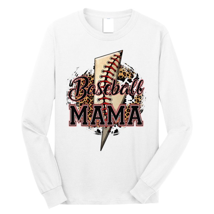 Leopard Baseball Mama Lightning Bolt Sport Mom Mother's Day Long Sleeve Shirt