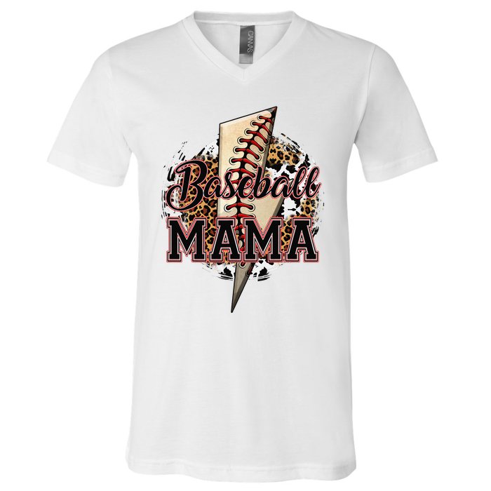 Leopard Baseball Mama Lightning Bolt Sport Mom Mother's Day V-Neck T-Shirt