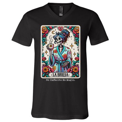 La Bruja No Cafecito No Magic Skeleton V-Neck T-Shirt
