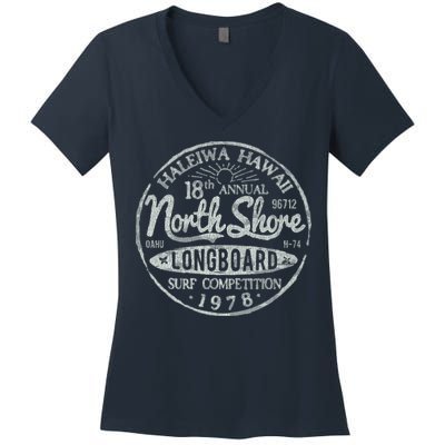 Long Board North Shore Surf Vintage Hawaii Beach Women's V-Neck T-Shirt