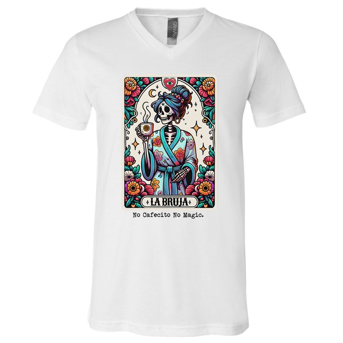 La Bruja No Cafecito No Magic Skeleton Women V-Neck T-Shirt