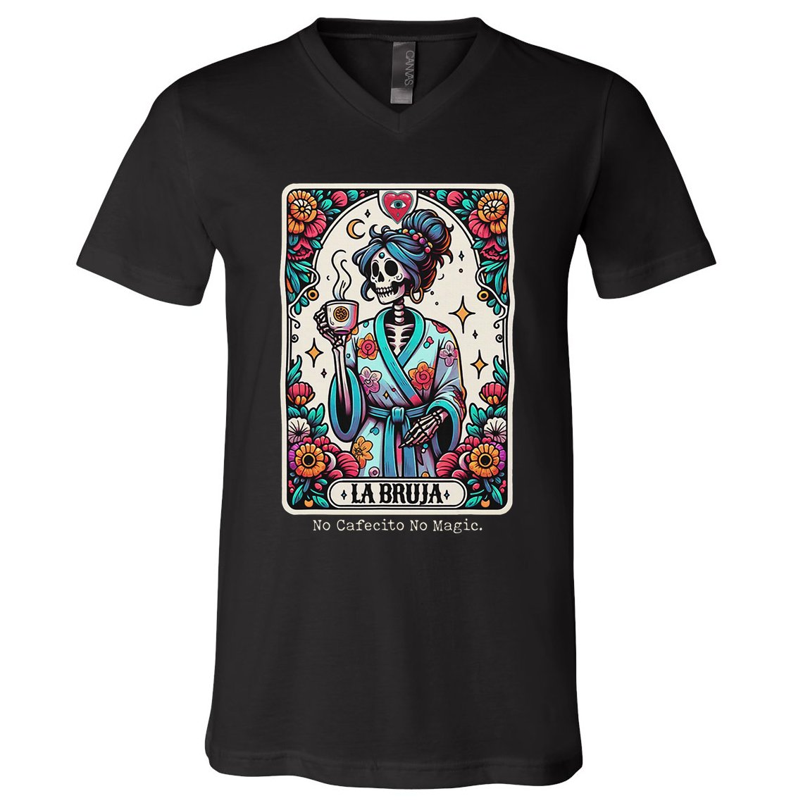 La Bruja No Cafecito No Magic Skeleton V-Neck T-Shirt