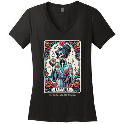 La Bruja No Cafecito No Magic Skeleton Women's V-Neck T-Shirt