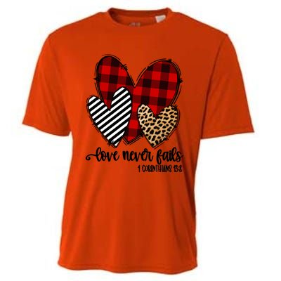 Leopard Buffalo Plaid Hearts Love Never Fails Valentines Day Gift Cooling Performance Crew T-Shirt