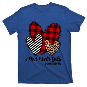 Leopard Buffalo Plaid Hearts Love Never Fails Valentines Day Gift T-Shirt