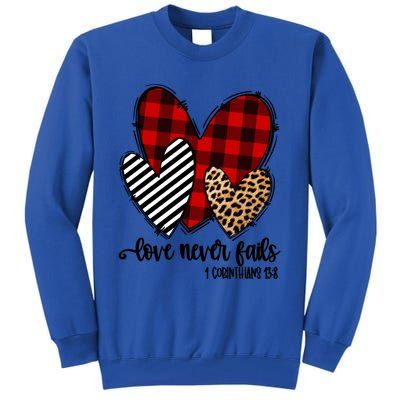 Leopard Buffalo Plaid Hearts Love Never Fails Valentines Day Gift Tall Sweatshirt