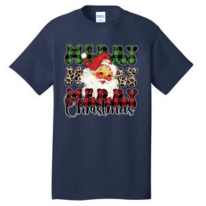 Leopard Buffalo Plaid Merry Christmas Retro Face Santa Xmas Gift Tall T-Shirt