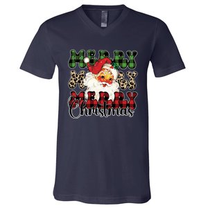 Leopard Buffalo Plaid Merry Christmas Retro Face Santa Xmas Gift V-Neck T-Shirt