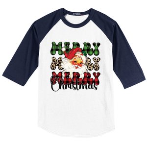 Leopard Buffalo Plaid Merry Christmas Retro Face Santa Xmas Gift Baseball Sleeve Shirt