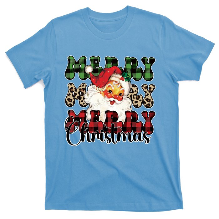 Leopard Buffalo Plaid Merry Christmas Retro Face Santa Xmas Gift T-Shirt