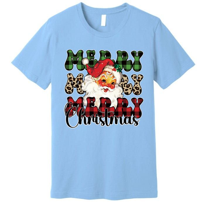 Leopard Buffalo Plaid Merry Christmas Retro Face Santa Xmas Gift Premium T-Shirt