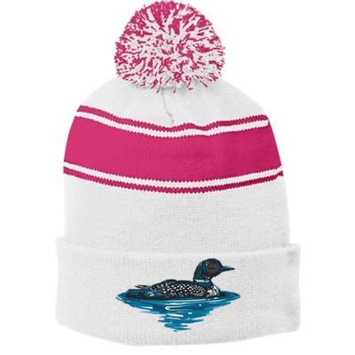 Loon Bird Painting Duck Lake Stripe Pom Pom Beanie