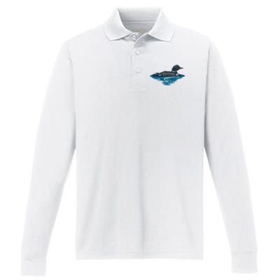 Loon Bird Painting Duck Lake Performance Long Sleeve Polo