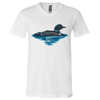 Loon Bird Painting Duck Lake V-Neck T-Shirt