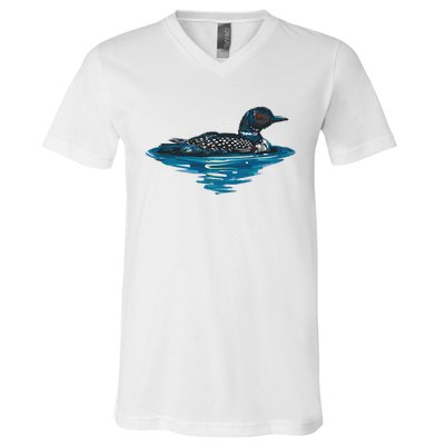 Loon Bird Painting Duck Lake V-Neck T-Shirt