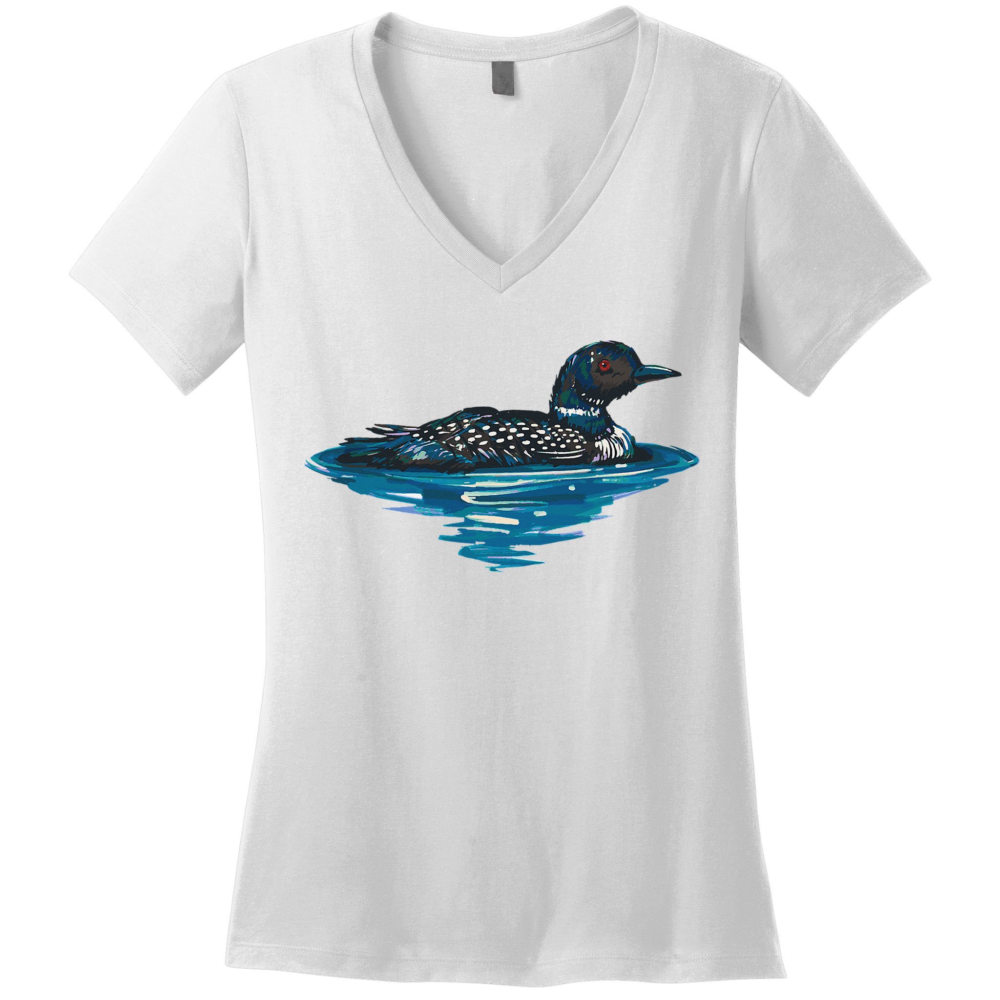 Loon Bird Painting Duck Lake Women's V-Neck T-Shirt
