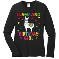 Llama Birthday Party LLamazing Girl Rainbow Hearts Gift Ladies Long Sleeve Shirt