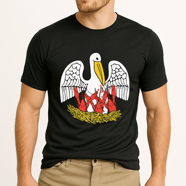 Louisiana Brown Pelican Feeding Crawfish La Flag Cooling Performance Crew T-Shirt