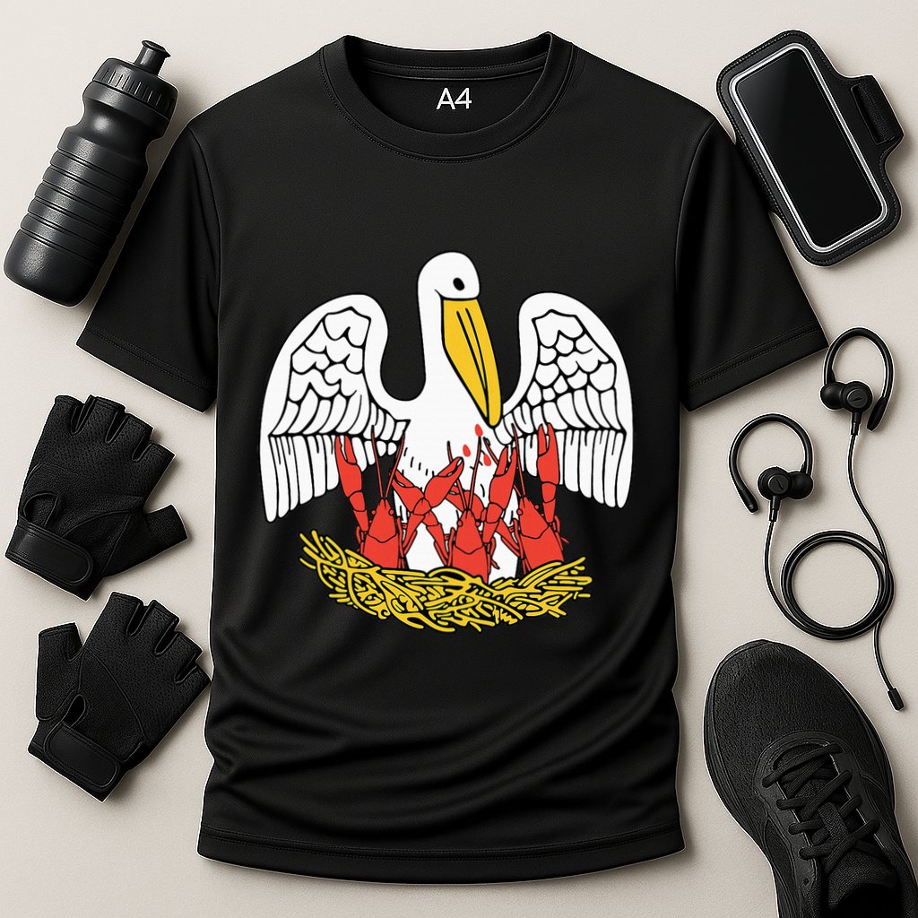 Louisiana Brown Pelican Feeding Crawfish La Flag Cooling Performance Crew T-Shirt