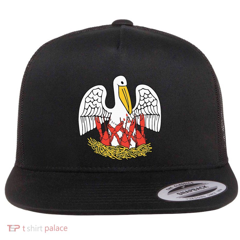 Louisiana Brown Pelican Feeding Crawfish La Flag Flatbill Hat
