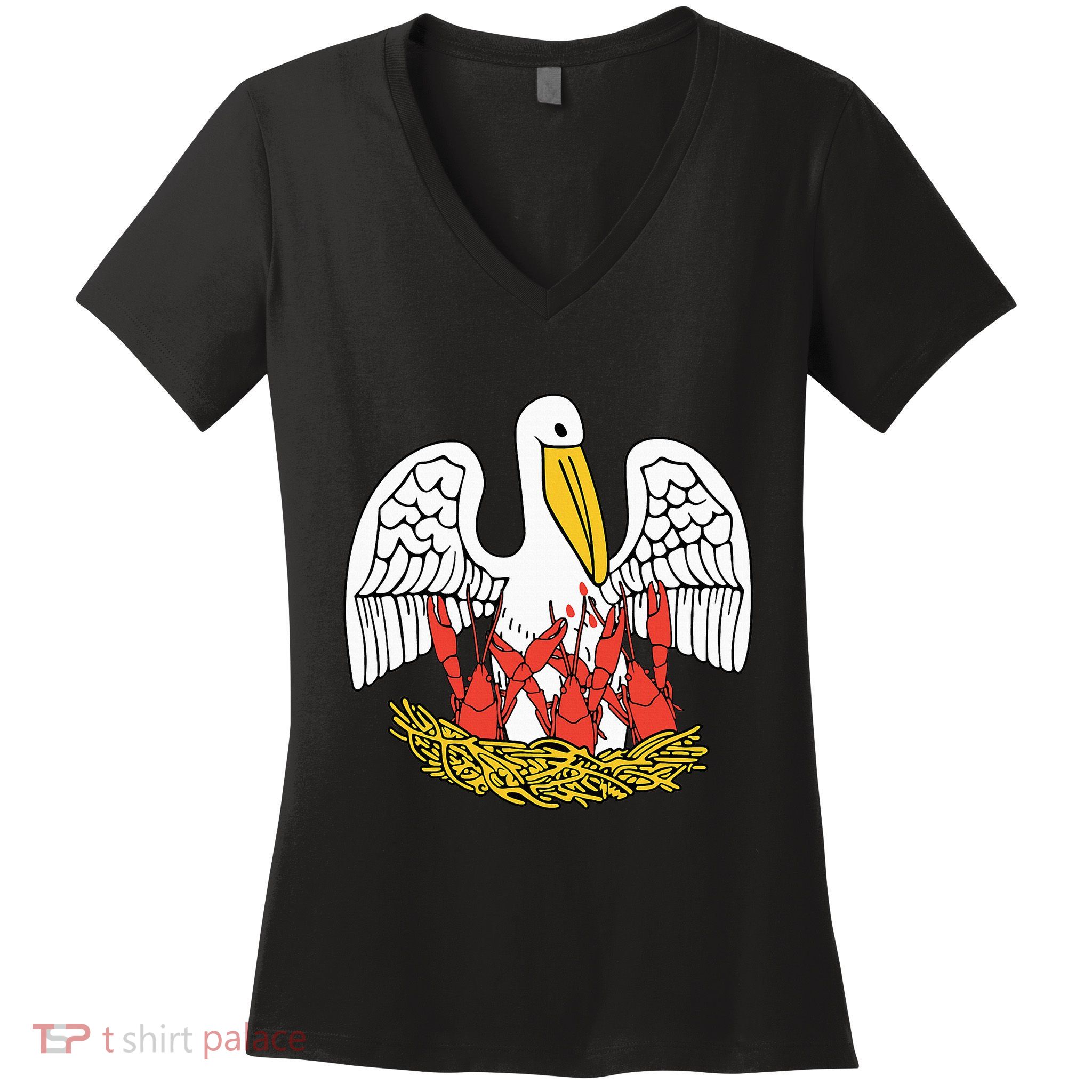 Louisiana Brown Pelican Feeding Crawfish La Flag Women's V-Neck T-Shirt