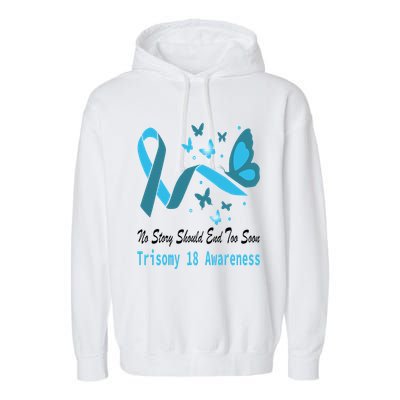 Light Blue Ribbon for Trisomy 18 Awareness with Butterfly Design Garment-Dyed Fleece Hoodie