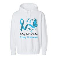 Light Blue Ribbon for Trisomy 18 Awareness with Butterfly Design Garment-Dyed Fleece Hoodie