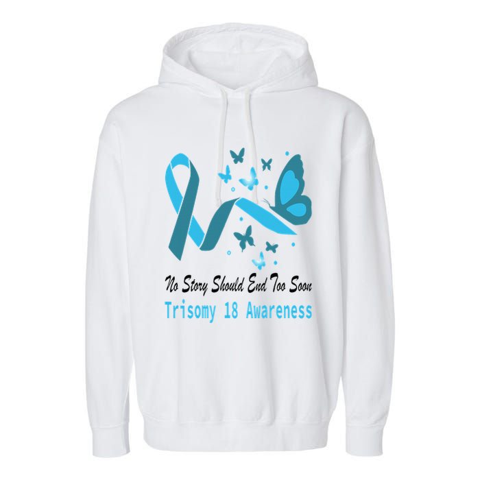 Light Blue Ribbon for Trisomy 18 Awareness with Butterfly Design Garment-Dyed Fleece Hoodie