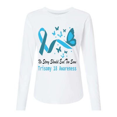 Light Blue Ribbon for Trisomy 18 Awareness with Butterfly Design Womens Cotton Relaxed Long Sleeve T-Shirt