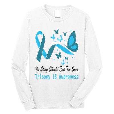 Light Blue Ribbon for Trisomy 18 Awareness with Butterfly Design Long Sleeve Shirt