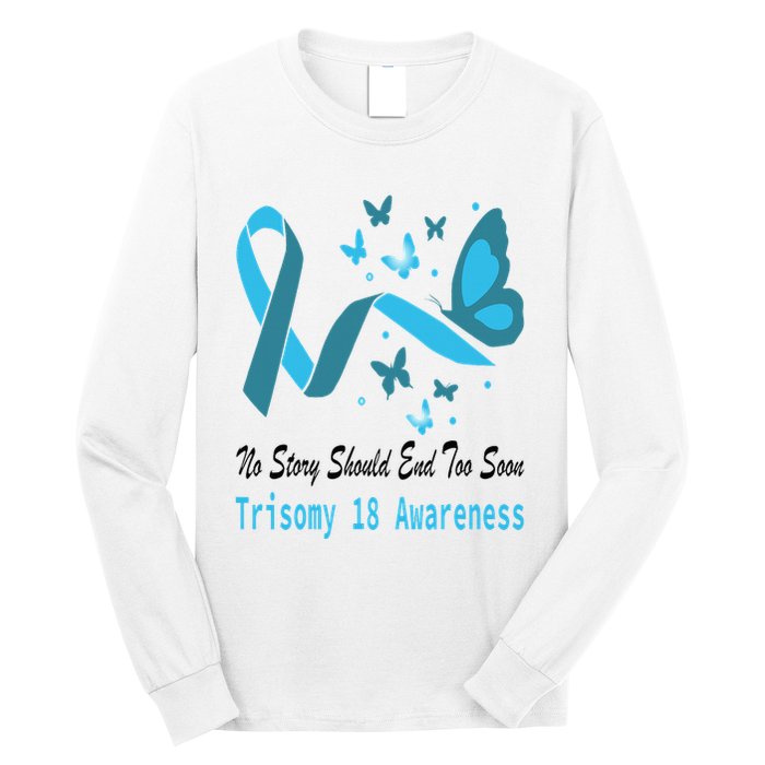 Light Blue Ribbon for Trisomy 18 Awareness with Butterfly Design Long Sleeve Shirt