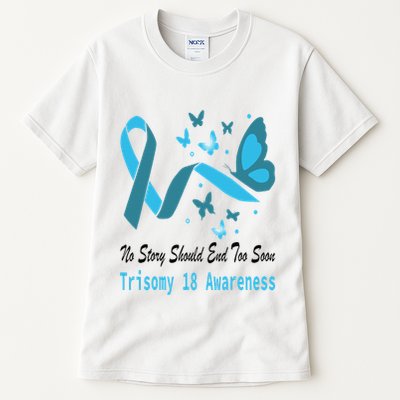 Light Blue Ribbon for Trisomy 18 Awareness with Butterfly Design Tall T-Shirt
