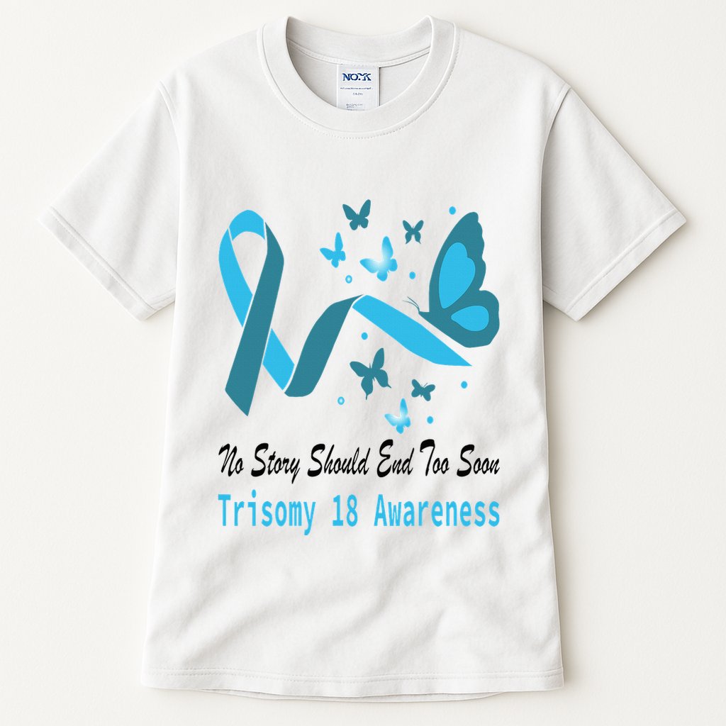 Light Blue Ribbon for Trisomy 18 Awareness with Butterfly Design Tall T-Shirt