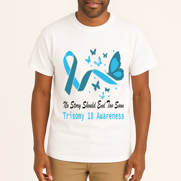 Light Blue Ribbon for Trisomy 18 Awareness with Butterfly Design Tall T-Shirt