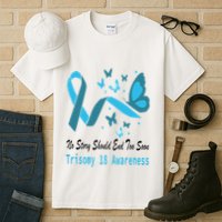Light Blue Ribbon for Trisomy 18 Awareness with Butterfly Design Tall T-Shirt