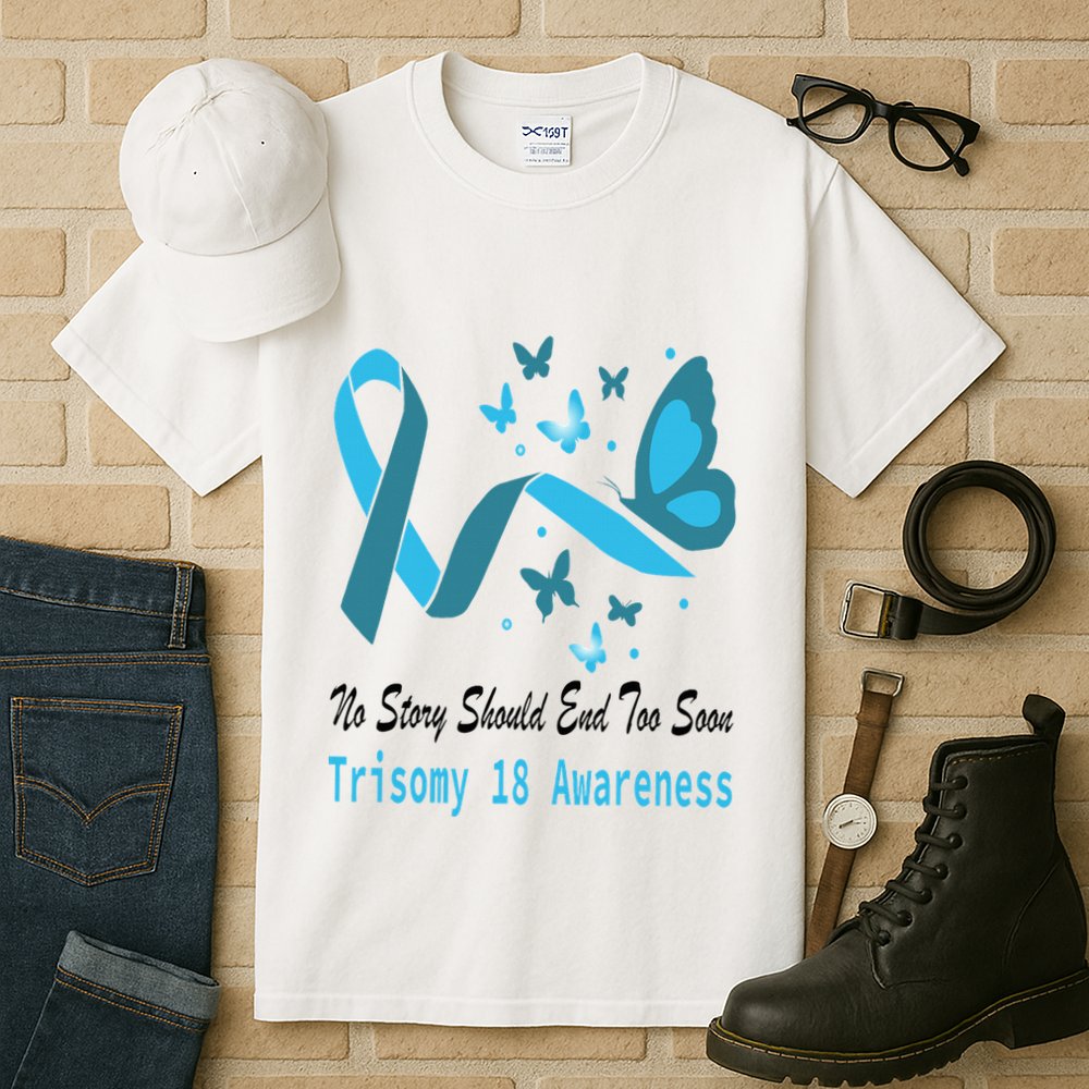 Light Blue Ribbon for Trisomy 18 Awareness with Butterfly Design Tall T-Shirt
