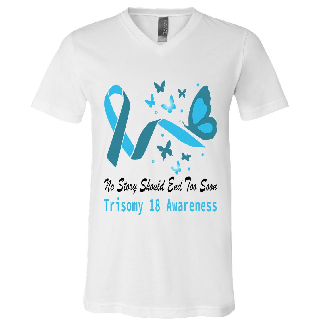 Light Blue Ribbon for Trisomy 18 Awareness with Butterfly Design V-Neck T-Shirt