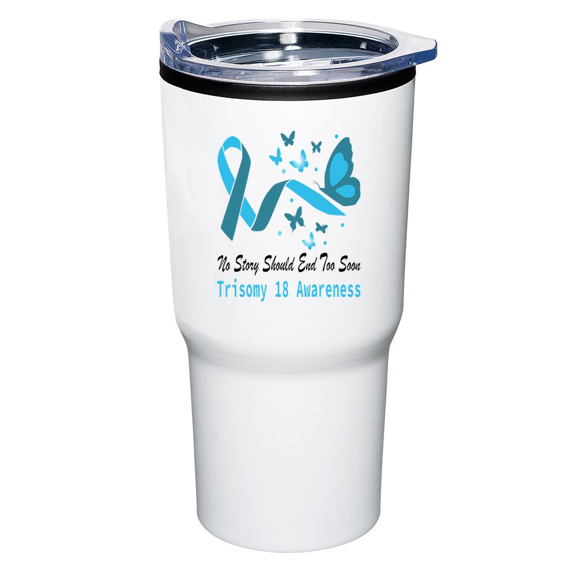 Light Blue Ribbon for Trisomy 18 Awareness with Butterfly Design Tumbler