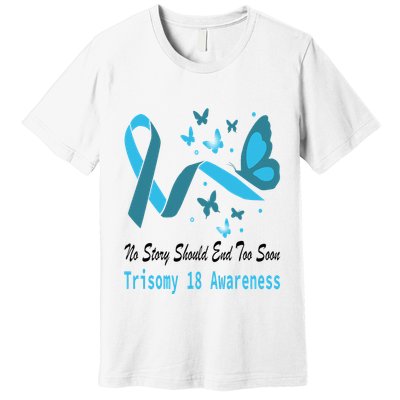 Light Blue Ribbon for Trisomy 18 Awareness with Butterfly Design Premium T-Shirt