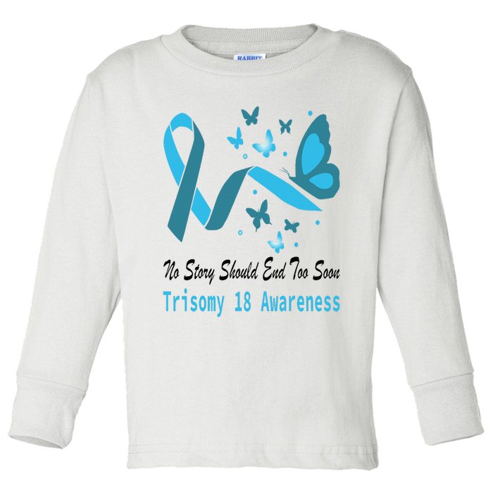 Light Blue Ribbon for Trisomy 18 Awareness with Butterfly Design Toddler Long Sleeve Shirt