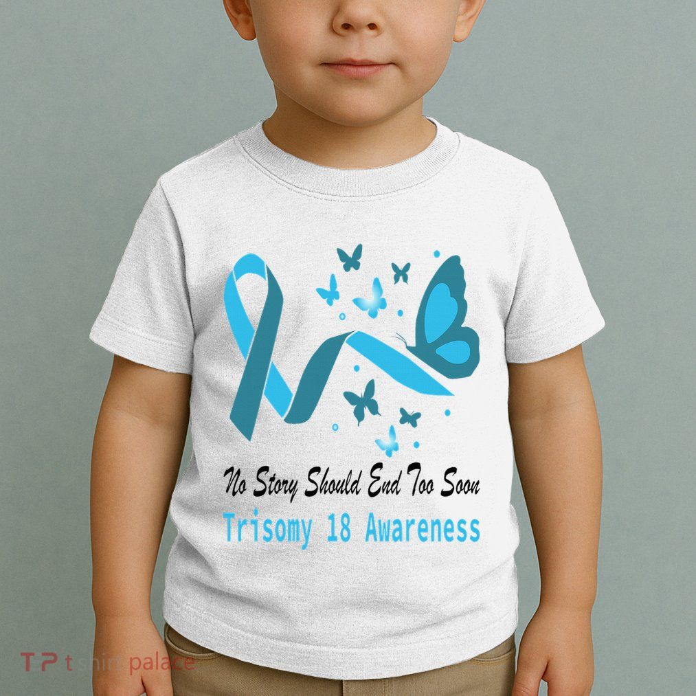 Light Blue Ribbon for Trisomy 18 Awareness with Butterfly Design Toddler T-Shirt