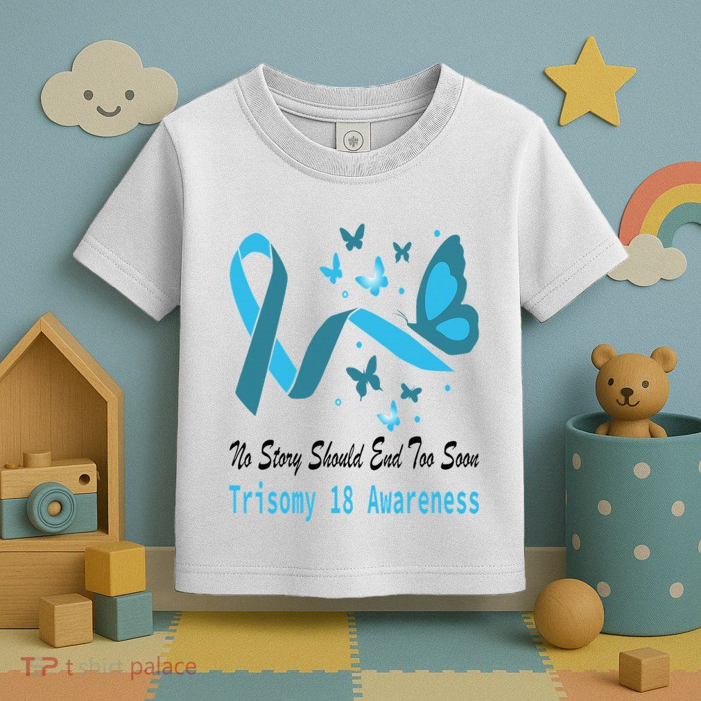 Light Blue Ribbon for Trisomy 18 Awareness with Butterfly Design Toddler T-Shirt