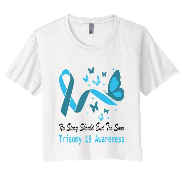 Light Blue Ribbon for Trisomy 18 Awareness with Butterfly Design Crop Top