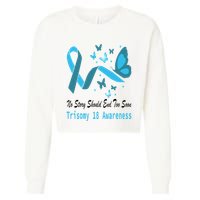 Light Blue Ribbon for Trisomy 18 Awareness with Butterfly Design Cropped Pullover Crew