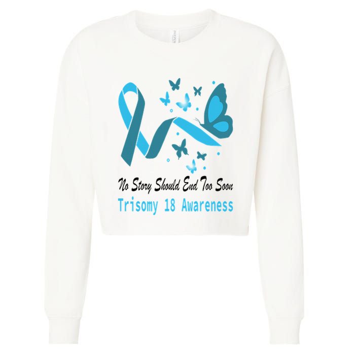 Light Blue Ribbon for Trisomy 18 Awareness with Butterfly Design Cropped Pullover Crew