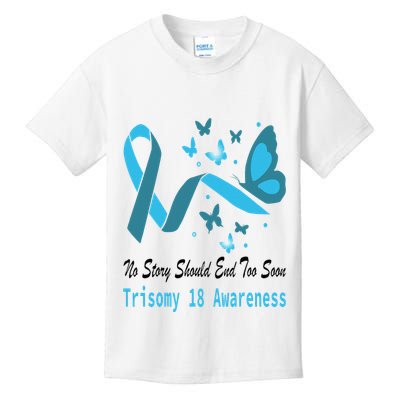 Light Blue Ribbon for Trisomy 18 Awareness with Butterfly Design Kids T-Shirt