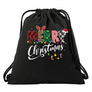 Leopard Buffalo Red Plaid Merry Christmas Drawstring Bag